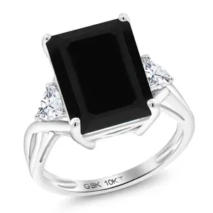 10K White Gold Black Onyx and White Moissanite 3 Stone Engagement Ring For Women | 7.06 Cttw | Emerald Cut 14X10MM | Trillion 4MM | Three Stone Wedding Anniversary Ring
