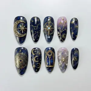 Handmade Celestial Galaxy Press On Nails - Zodiac Moon Star Gold Charms - Midnight Blue Aura Almond Nails for Mystic Cosmic Vibes