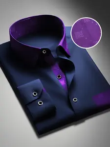 💜 Purple Printed Collar Navy Long Sleeve Dress Shirt | Luxury Men's Formal Business Shirt for Office & Wedding CS9620