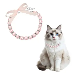 PETAXCELL Cat Collar Pearl Necklace, 11 Inch Dog Pearl Necklace Collar, Pets Jewelry Accessories with Ribbon Bow, (Light Pink, S), Intended for Puppies/Small Dogs Cats/Clothes