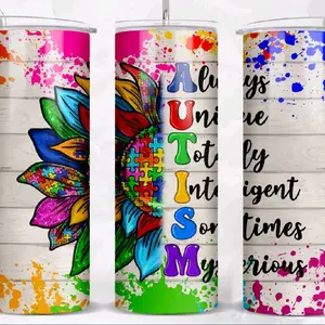 Autism Awareness- "AUTISM" 20 oz Stainless Steel Skinny Tumbler with Colorful Puzzle Piece Design and Inspirational Message