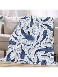 Funny Comfy Polyester Blanket Cozy Ocean Shark Flannel Throw Blanket, Blue White Whale Print Soft Warm Lightweight for Bed Sofa, Machine Washable The Ultimate Christmas Present