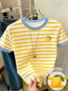 Women's Round Neck Short Sleeve T-Shirt Top, Breathable Striped Patchwork, Comfortable Fitted Fit with Lemon Embroidery, Ideal for Everyday Daily Wear and Gifts