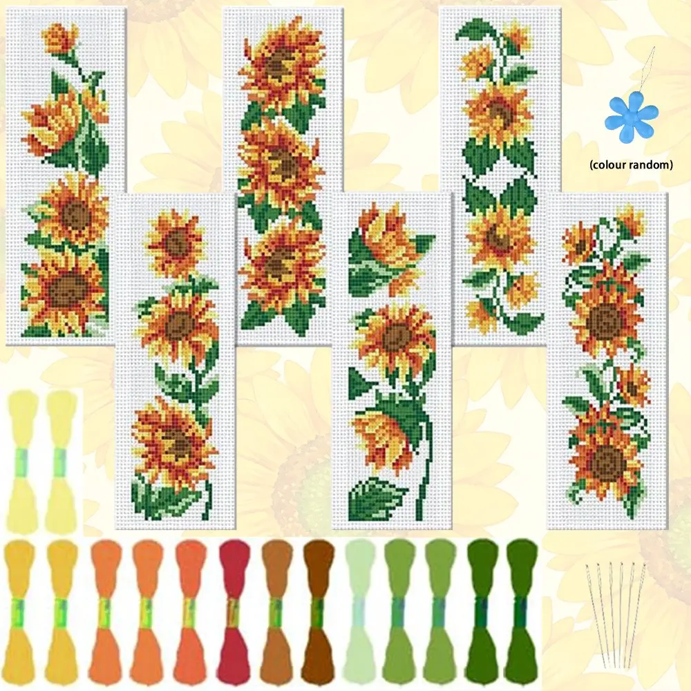 6-Piece Cross Stitch Bookmark DIY Kit, Sunflower Pattern, Includes Fabric, Thread, Tools, Instructions, Perfect Gift for Craft Lovers