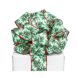 Whimsical Holly and Berries on White Wired Ribbon - 1.5 Inches Wide x 20 Yards (9745182) - Christmas Ribbons, Holiday Ribbon