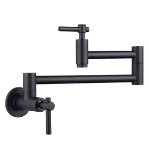WOWOW Pot Filler Faucet Wall Mount, Folding Kitchen Faucet with Double Joint Swing Arm, Single Hole Stretchable Brass Faucet with 2 Handles, Black Pot Filler Above Stove