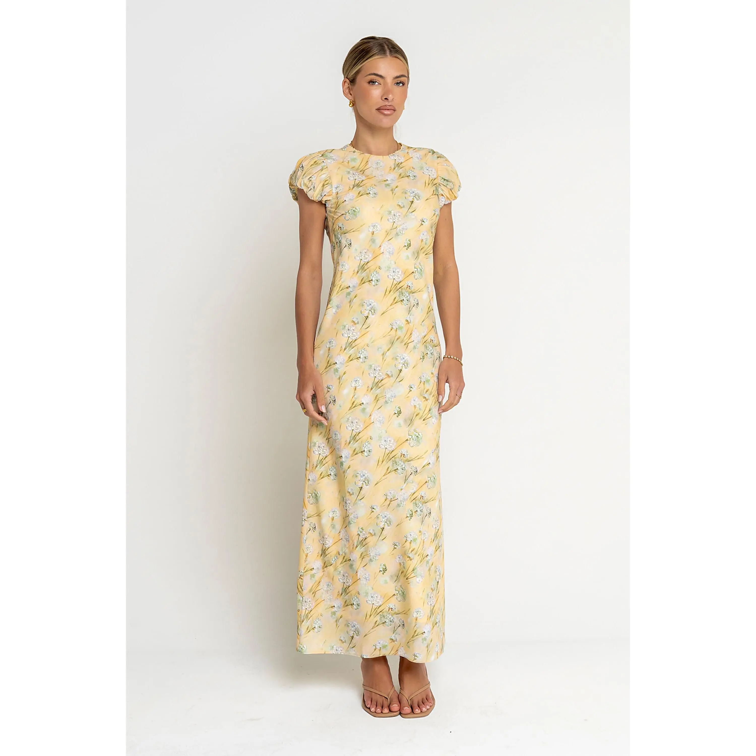 Women's Ellianna Butter Yellow Fitted Floral Print Polyester Maxi Dress - Short Cuffed Sleeves, Round Neck, Lace, Side Zipper, No Excess Bulk, Elegant Evening Wedding Guest Dress for Wedding Guests