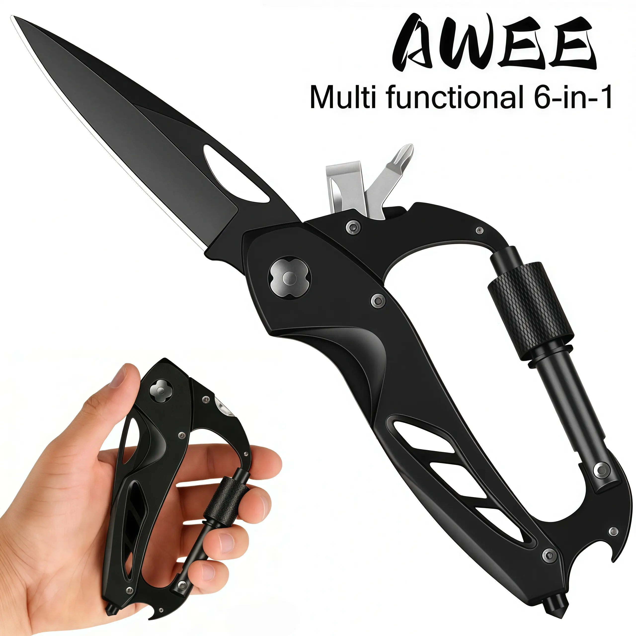 6-in-1 Folding Carabiner Multi Tool, EDC Survival Knife with Screwdriver, Bottle Opener & Window Breaker for Camping Hiking Versatile Tools Outdoor Survival Tools Survival Equipment