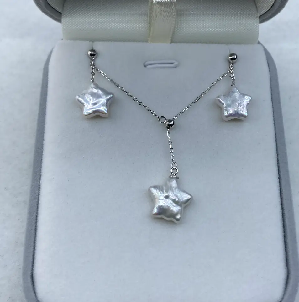 【S06】Galaxy Series, S925 Radiant white freshwater pearls stars earring & Necklace