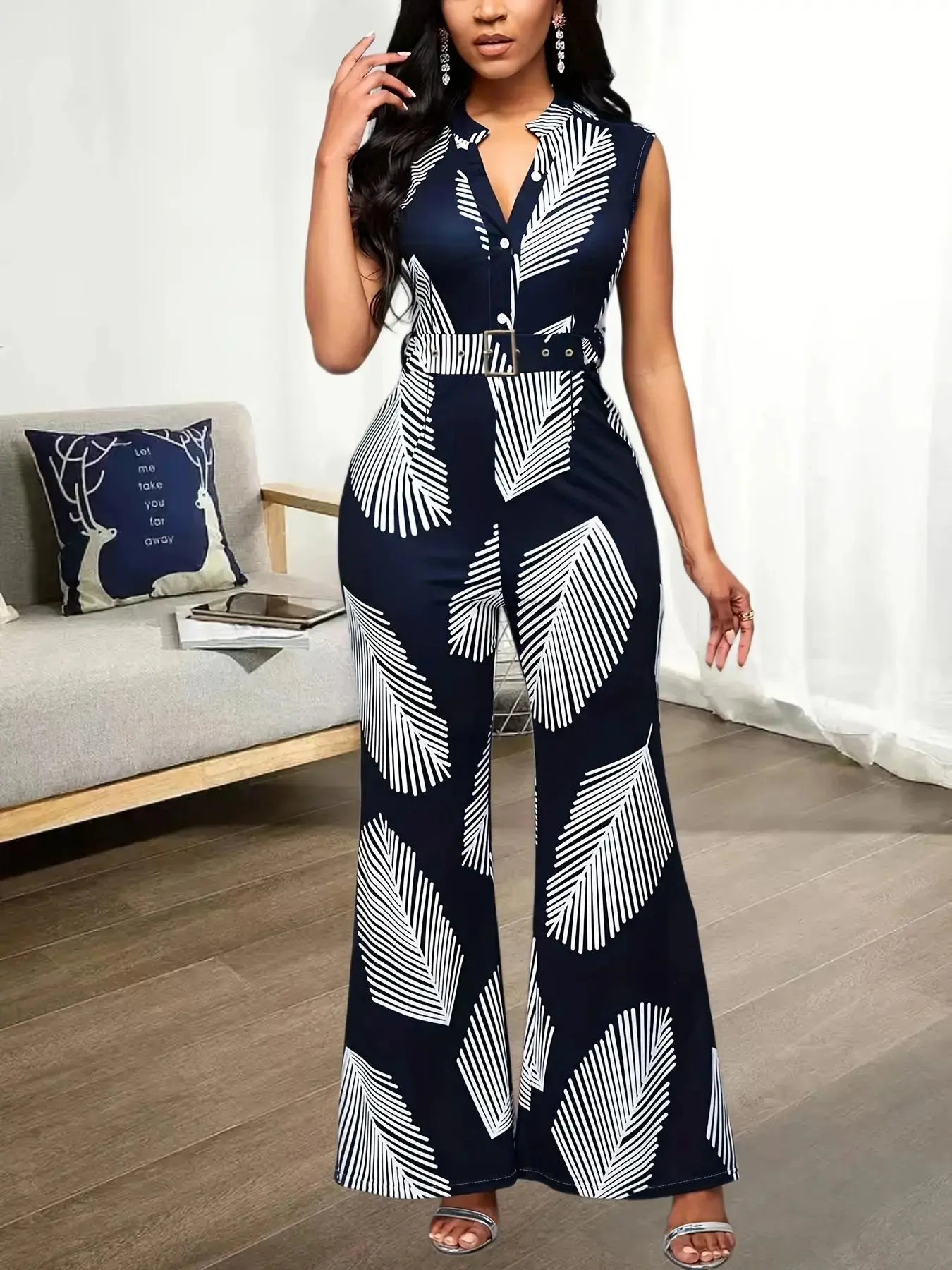 Women's Feather Print Button Front Belted Jumpsuit, Casual Sleeveless Mock Neck Jumpsuit For Summer, Fashion Women's Clothes For Daily Wear