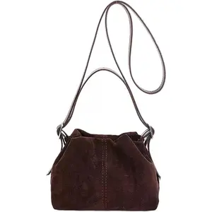 Women's Vintage Faux Suede Drawstring Tote Bag – Small Bucket Crossbody Purse for Everyday Winter Shoulder Use