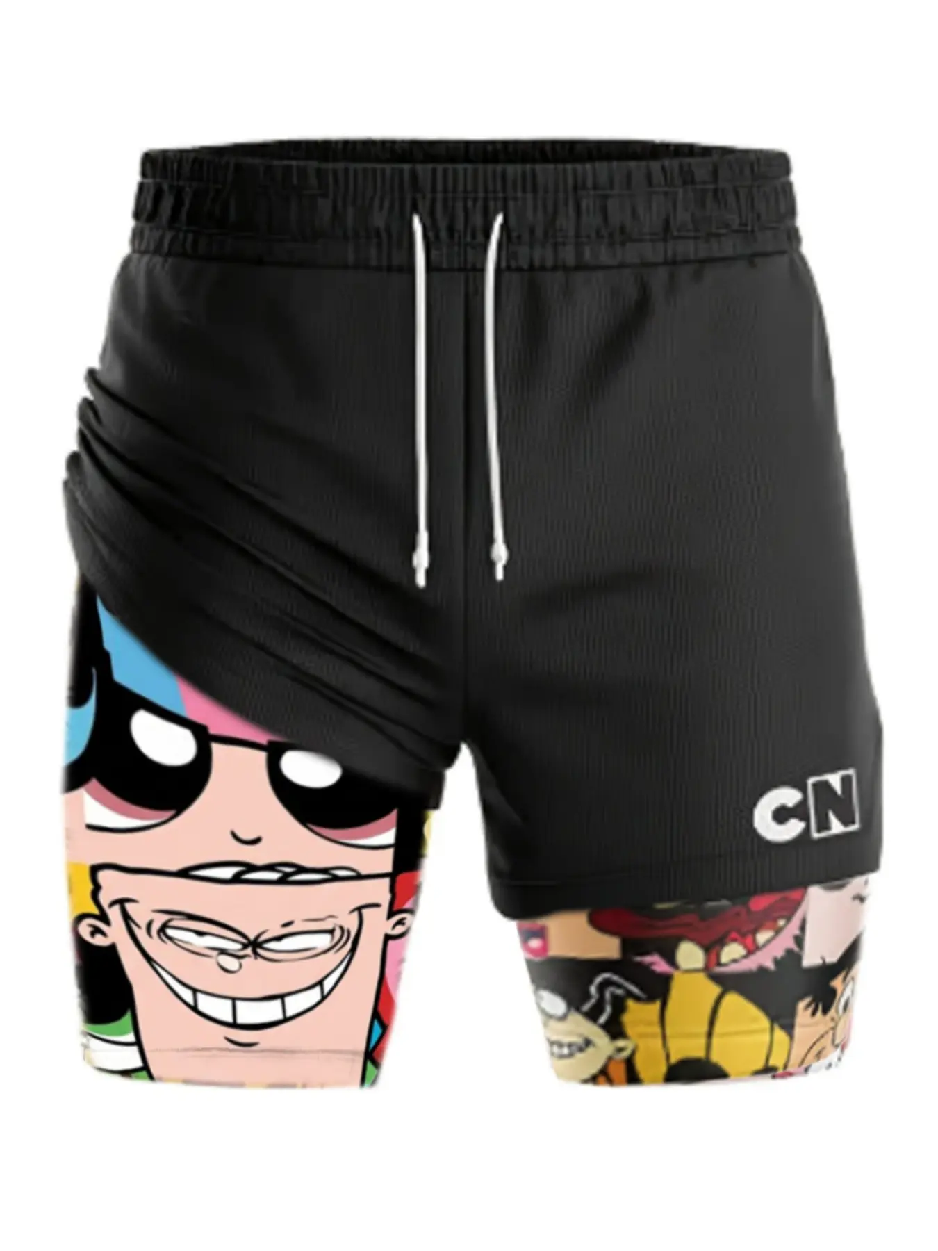 Women’s Double-Layer Athletic Bottoms Shorts - Fun Cartoon Print, Drawstring, Quick-Dry Lining for Fitness, Running