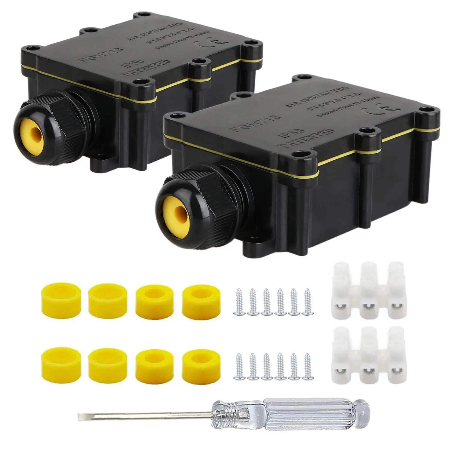 2 Pieces Waterproof IP68 External Junction Box, 2 Way Outdoor Junction Box, Underground Plug Line Coaxial Cable Connector Wire Range 5 to 15mm Electrical Power Cord Weatherproof Boxes - Black