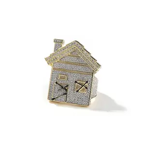 [ICE HUE] Unisex 18K Gold Vacuum Plated Copper Ring with 5A+ Sri Lanka Zircon Small House Design, Miami-Italy-Mexico & Micro Inspired Luxury Costume Jewelry, Gold Rings for Daily Wear, Gifts for Adults