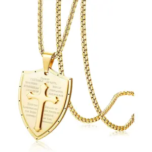 Armor of God Ephesians 6:16-17 Faith Cross Stainless Steel Pendant Necklace Gold Tone