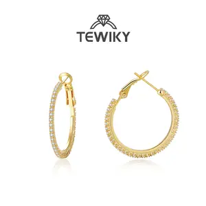 TEWIKY 14K Gold Plated Golden Cubic Zirconia 3cm Hoop Earrings, Birthday Gift, Party Outfit Match, Suitable for Various Occasions