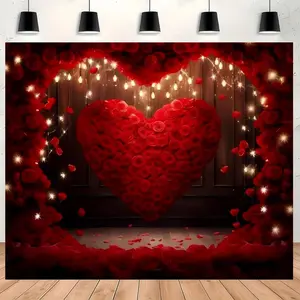 Romantic Rose Heart Pattern Wedding Decoration Banner, Wedding Party Backdrop, 1 Count Romantic Polyester Material Backdrop, Photo and Photography Props Background Cloth, Ornaments