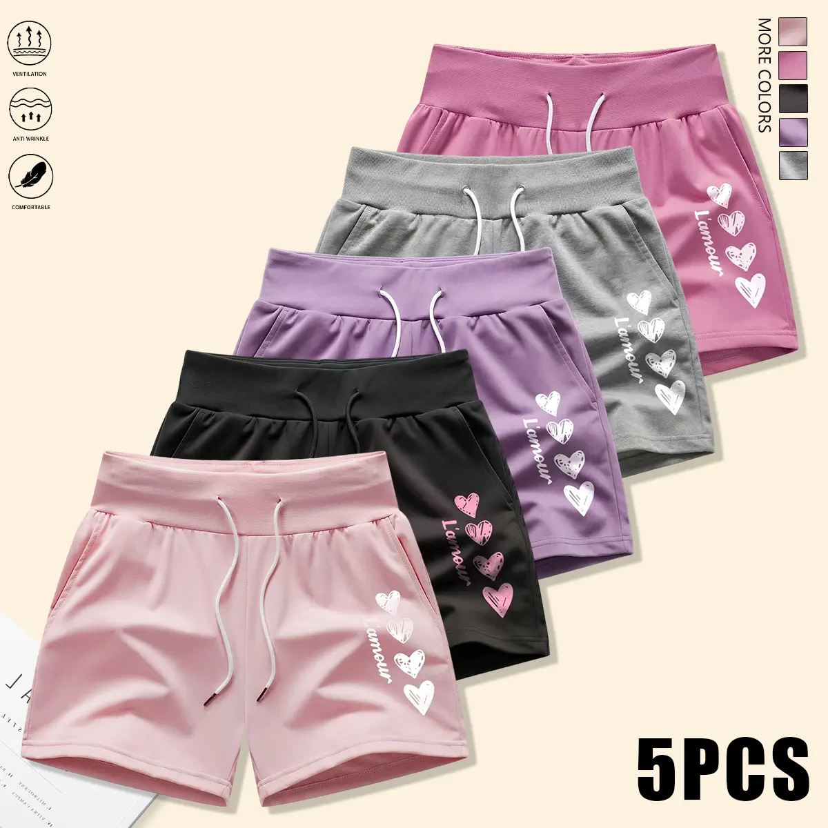 Set of 5 women’s summer shorts featuring drawstring and adjustable elastic waistband; comfortable fabric suitable for beach vacations, gym workouts, and home wear. Women’s shorts.
