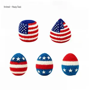 Hand Crochet American Flag Hacky Sack, Patriotic Red White Blue Knit Footbag Kick Bean Bag, 5 Shapes USA Star Stripes Juggling Ball for 4th of July, Memorial Day Party Favors, Kids Outdoor Indoor Coordination Play Toy