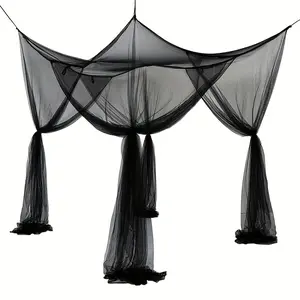 1pc Black Polyester Elegant Four-Corner Bed Canopy Mosquito Net, Hand-Washable, Wall Mount Required with 4 Hooks & Expansion Bolts Included for Bedroom Guest Room