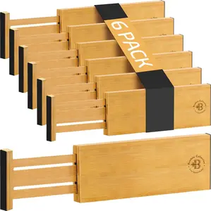 6 Pack Adjustable Bamboo Drawer Dividers - 11"- 17" | 6” High Expandable & Stackable Wooden Organizer for Kitchen Utensils, Clothing & Office Drawers