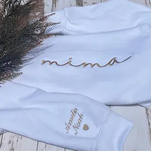 Mima Embroidered Sweatshirt, Mima Crewneck, Pregnancy Reveal Gift for New Mom, Custom Shirt with Kids Names on the Sleeve