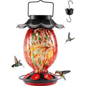 Solar Hummingbird Feeder - 49 fl.oz Hand Blown Glass Color Changing - 7 Feeding Ports with Perch - Never Leak -  Hummingbird Feeder