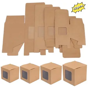 10pcs 8cm Square Kraft Paper Boxes, PVC Window Packaging Box, Durable Cardboard Storage Containers, Ideal for Gift Wrapping & Organizing