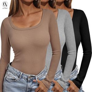 AUTOMET Women's 3-Pack Ribbed Knit Longsleeve Crop Tops - Skinny Slim-Fit, Square Neck, Soft Cotton Spandex Fabric, Casual Basic Tees, Fall Outfits Shirt, Tops for Women