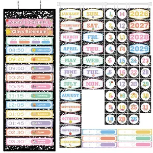 Back to School Daily Schedule Pocket Chart & Flip Calendar, Daily Schedule with 13+1 Pockets, 19 Reusable Dry Erase Cards, 52 Date Cards for Preschool Kindergarten Classroom Teacher Office Decor