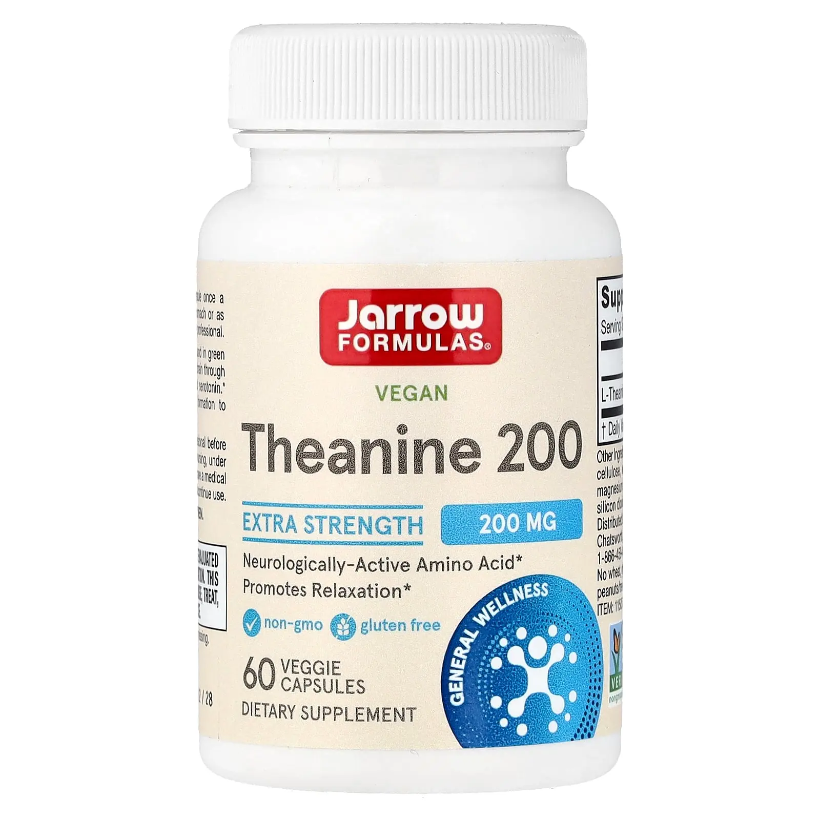 Jarrow Formulas Vegan Theanine 200, 200 mg, 60 Veggie Capsules