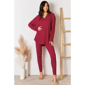 Basic Bae Full Size Notched Long Sleeve Top and Pants Set Stretchy Womenswear hello kitty pajama pants