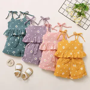 Toddler Baby Girl Summer Clothes Daisy Floral Print Halter Ruffle Tank Tops Shorts Outfits Set 18M-6T