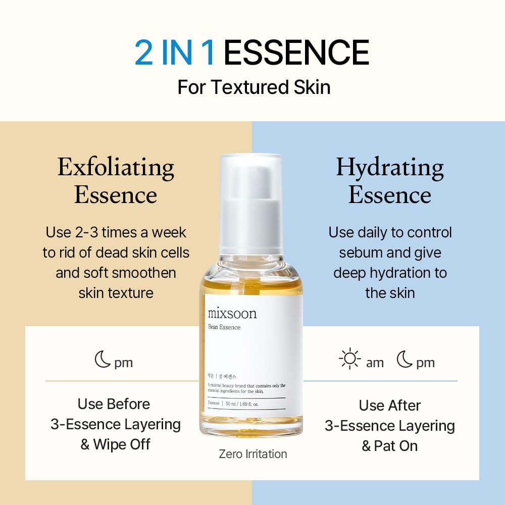 [mixsoon] Bean Essence 50ml – Gentle Exfoliating Korean Skin Care Essence for Hydrating, Smoother Texture and a Dewy, Glass-Skin