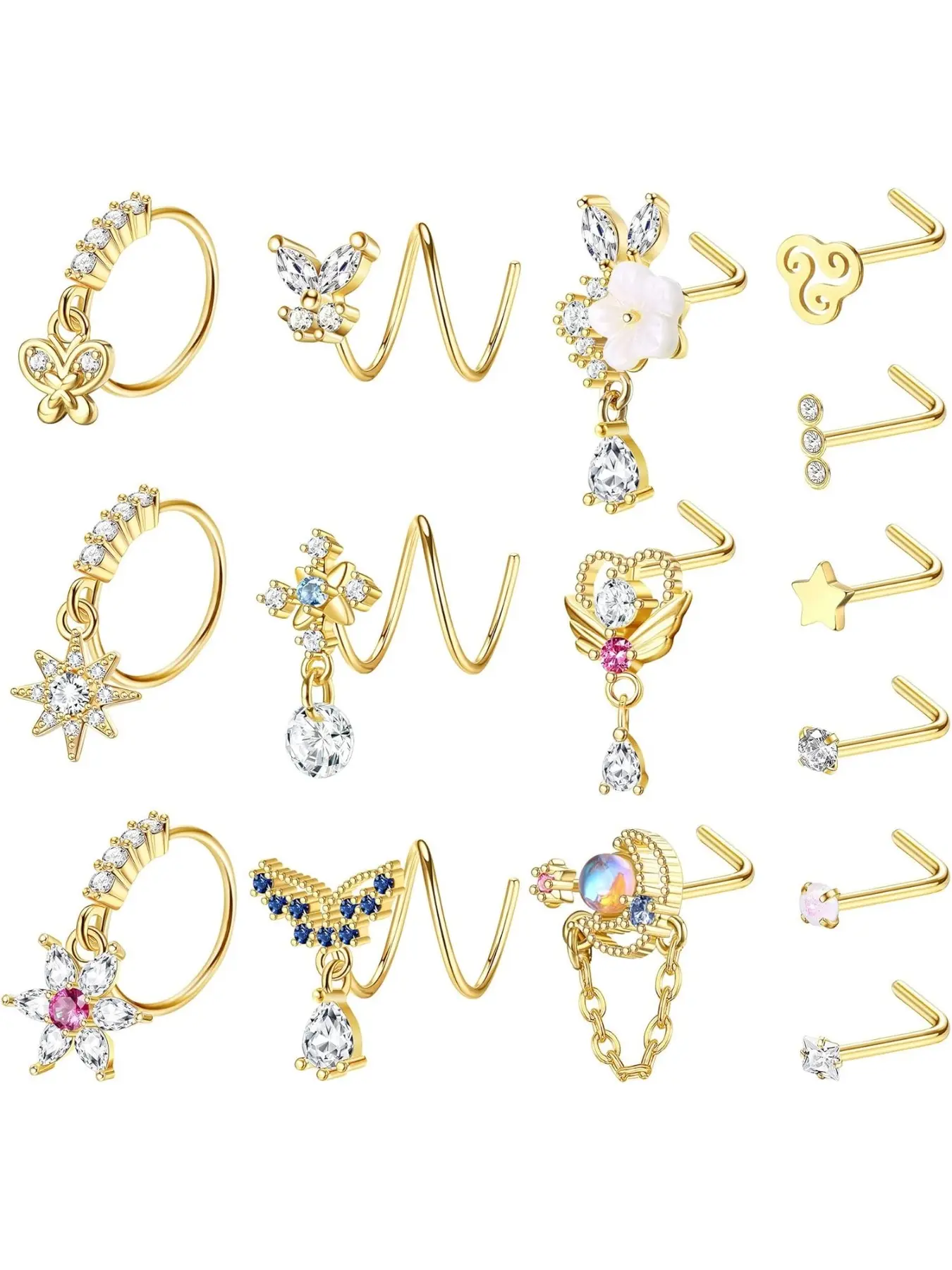 Pack of 15 20G Dangling Nose Ring Nose Piercing Stud for Women Nose Studs for Women Nose Stud Nose Piercing Ring Gold Silver L Shape Corkscrew Nose Stud Ring Piercing for Women Nose Piercing Jewelry
