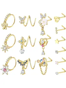 Pack of 15 20G Dangling Nose Ring Nose Piercing Stud for Women Nose Stud Nose Piercing Ring Gold Silver L Shape Corkscrew Nose Stud Ring Piercing for Women