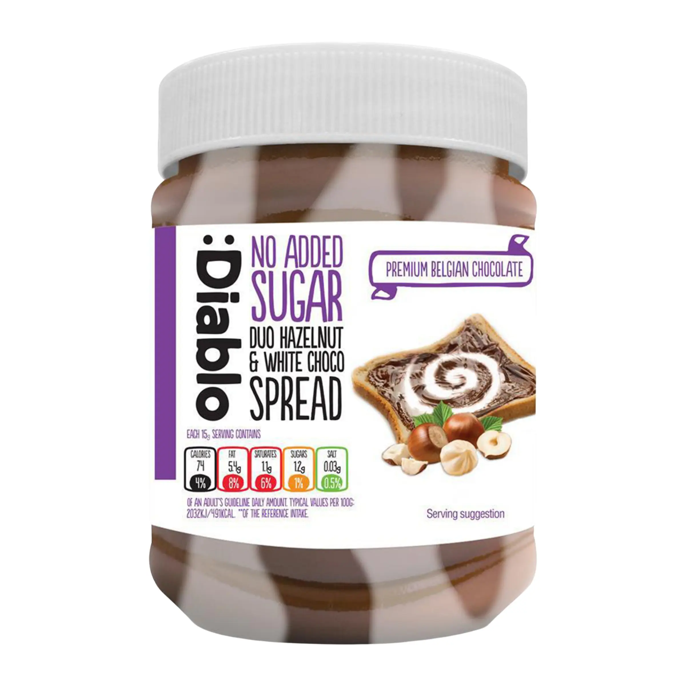 Diablo No Added Sugar Hazelnut and White Chocolate Duo Spread 350g