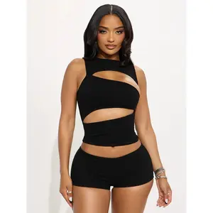 Women's Solid Color Hollow Out Sleeveless Waist-Cinching Top & Slim Fit Shorts Set, Chic Stylish Hollow Out Design, Perfect for Outings and Dates Womenswear