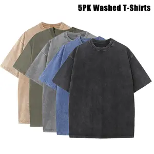 Pack of 5 Men’s Extra Large Fitness Retro Heavyweight T-Shirts, Pure Cotton Sports Acid Wash Loose Fit, Summer Sweat Absorption, Multiple Colors