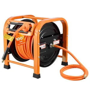 Retractable Air Hose Reel, 3/8 Inch X 100 Ft PVC Air Hose Max 300 PSI, Auto Rewind Air-Compressor Hoses Reel With 5 Ft Lead In, Portable Freestanding Heavy Duty Steel Reel For Garages Workshops