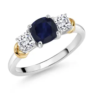 Gem Stone King Two-Tone Gemstone Birthstone and White Moissanite 3-Stone Engagement Ring for Women | 925 Silver and 10K Yellow Gold | Cushion Cut 6MM and 4MM | Fine Jewelry for Wedding Anniversary | Sizes 5-9