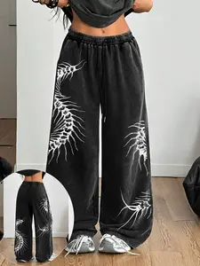 Women's Washed Vintage Loose Fit Straight Leg Sport Pants, Spider Print, Drawstring Pockets, All Seasons Casual Long Pants