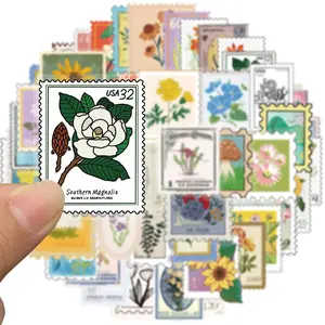 Flower Themed Post Stamp Sticker, 50pcs/set Scrapbook Journal Planner Diary Envelope Letter Card Making Collage Gift Wrapping Phone Case Craft Decoration