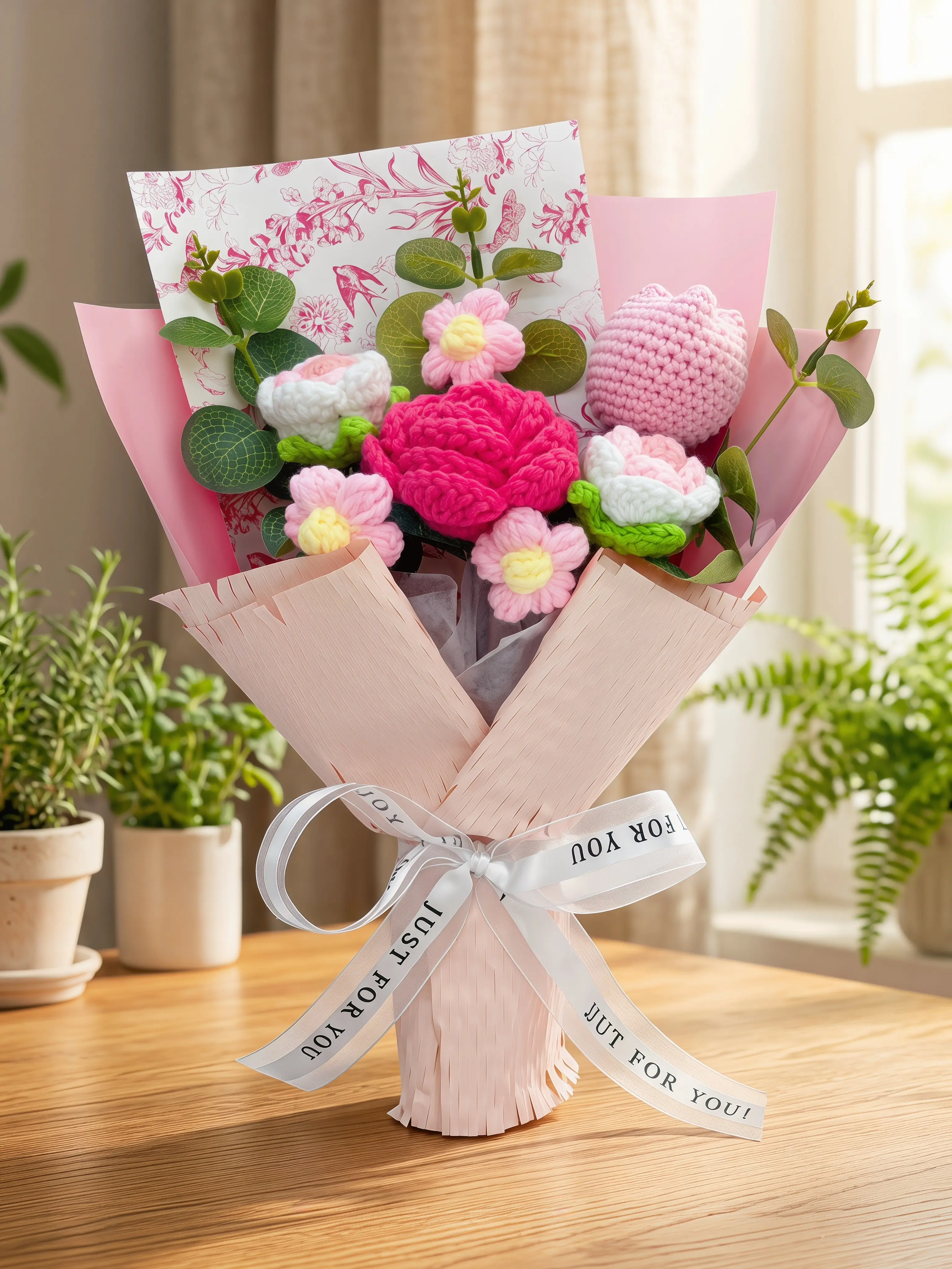 Hand-Knitted Artificial Decorative Flowers Set - Soft-Touch Rose Red Tulip & Rose Mix Bouquets, Artificial Tulip Arrangement, Home Floral Decor Gift for Mothers, Ideal for Back to School, Anniversary, Birthday