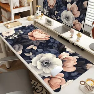 Large Deep Blue Floral Mouse Pad, Elegant Desk Mat with Non-Slip Rubber Base, Durable Stitched Edges, Perfect Gift for Home and Office, Office Desk Accessories