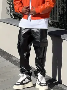 Men's Casual Slim Fitting Classic Versatile Fitted Straight Leg Leather Zipper Pants, Casual Outdoor Trousers, New Style High-Quality Durable Design, Perfect for Daily Wear & Outdoor Activities