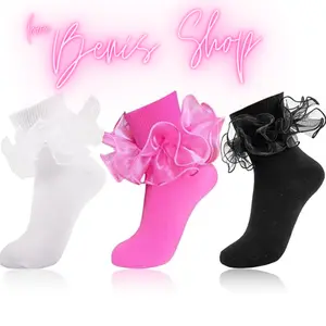 Women Big Ruffle Ankle Socks,Adult Double Lace Turn Cuff Cotton Frilly Dress Socks Cute Bobby Sock