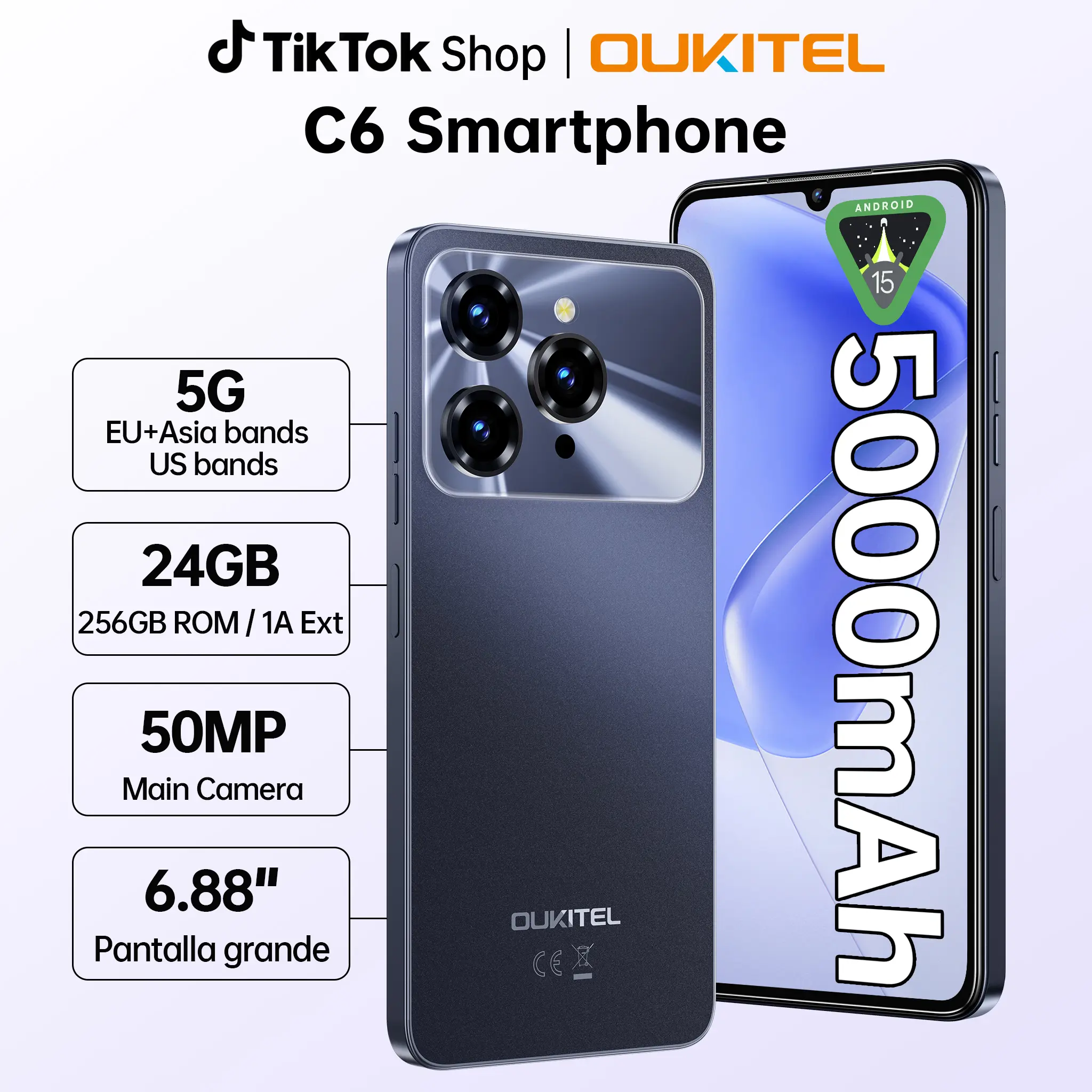 OUKITEL C6 5G Unlocked Smartphone，24(8+16)GB RAM + 256GB ROM, Octa-Core Mobile Phone，6.88''HD + 90Hz Display，5150mAh Battery，50 MP + 5 MP Camera，Android 15 Cell Phone，5G Dual SIM，MediaTek Dimensity 6300/3.5mm headphone jack/T-Mobile
