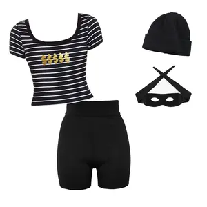 Womens Sexy Robber Thief Costume Set, Last Minute Easy Idea Halloween Costume Idea, Striped Crop Tee Mini Biker Shorts Black Beanie Robber Eye Mask