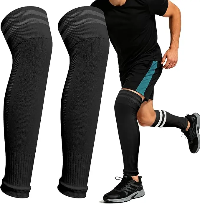 Aegend Soccer Leg Sleeves for Grip Socks, Compression Shin Guard Sleeves | Foldable Soccer Leg Sleeves with Mesh Breathability, Compression Calf Sleeves Running, Striped Knee Long Socks, 1 Pair
